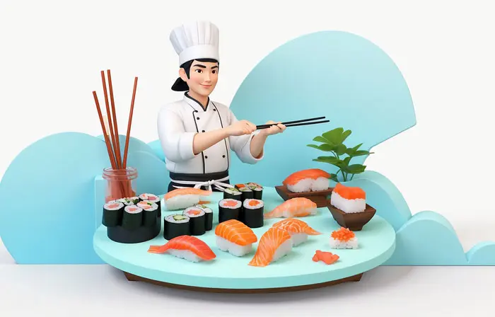 Japanese Chef Cooking Sushi 3D Design Art Cartoon Illustration